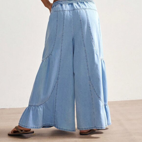 Boho Blue Casual Women's Vacation Patchwork Design Loose Wide-Leg Denim Jeans - Picture 4 of 7